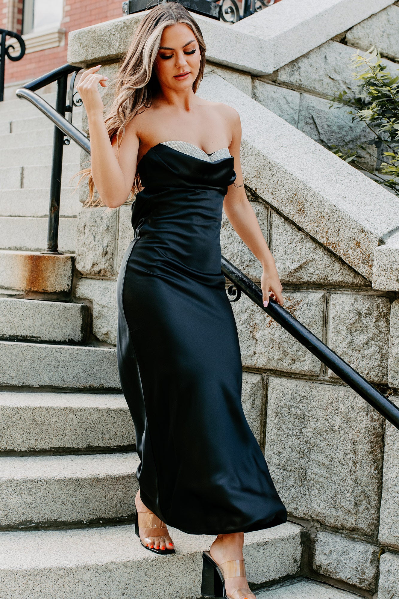 Royal Entrance Satin Maxi Dress With Rhinestone Detail (Black) - NanaMacs
