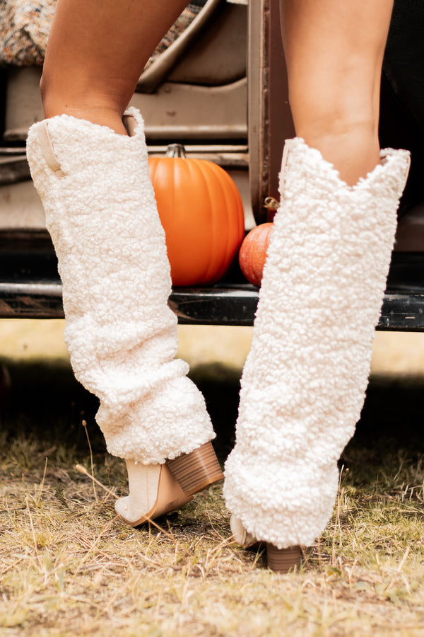 Boujee Cowgirl Slouchy Sherpa Boots (Beige) - NanaMacs