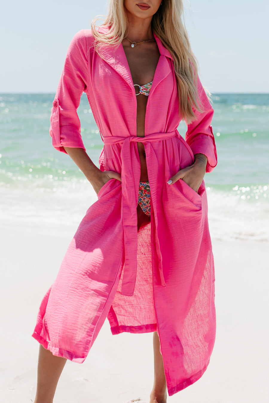 Live Colorfully Tie-Waist Linen Trench Coat (Hot Pink)