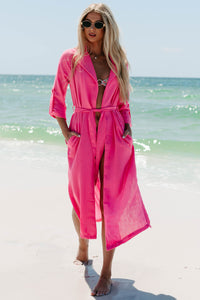 Live Colorfully Tie-Waist Linen Trench Coat (Hot Pink) - NanaMacs