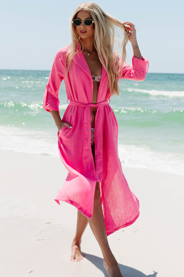 Live Colorfully Tie-Waist Linen Trench Coat (Hot Pink) - NanaMacs