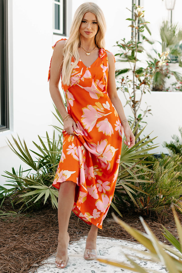 Radiant As Always Floral Satin Maxi Dress (Orange) - NanaMacs