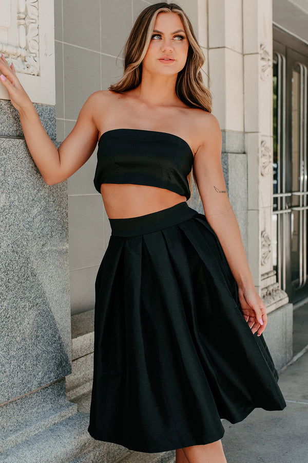 Sparking Rumors Pleated Midi Skirt & Crop Top Set (Black) - NanaMacs