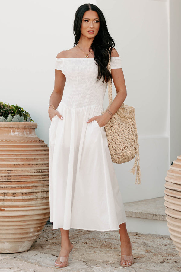 Elevated Decisions Off The Shoulder Smocked Midi Dress (Snow) - NanaMacs