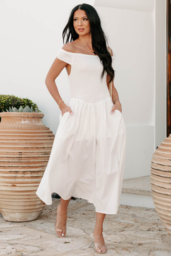 Elevated Decisions Off The Shoulder Smocked Midi Dress (Snow) - NanaMacs