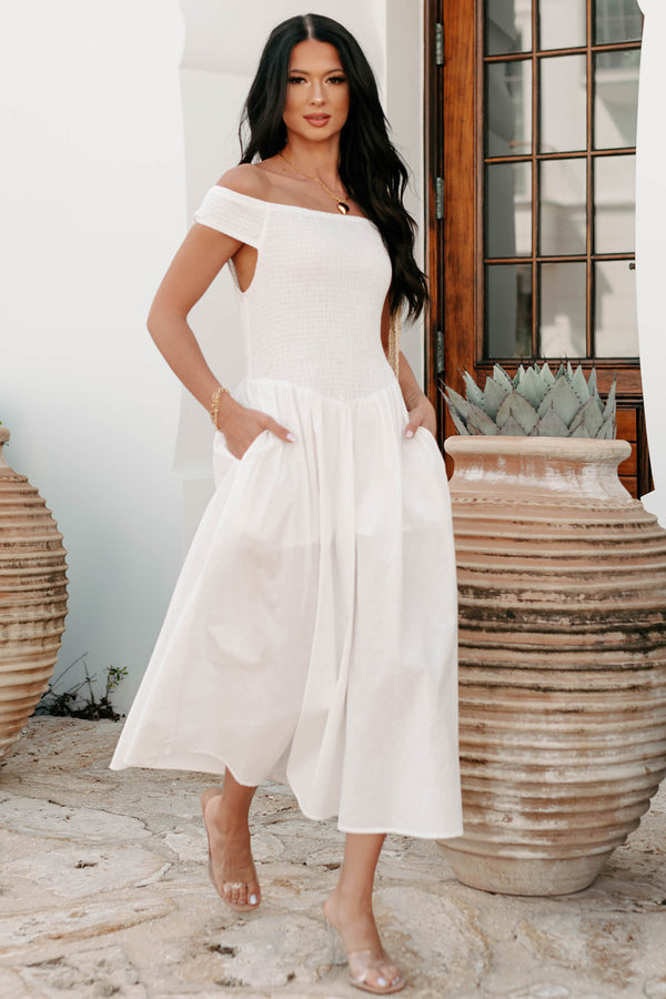 Elevated Decisions Off The Shoulder Smocked Midi Dress (Snow) - NanaMacs