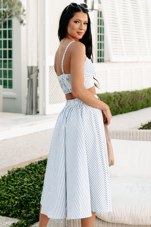 Crossing Oceans Striped Crop Top & Midi Skirt Set (White/Dark Blue) - NanaMacs