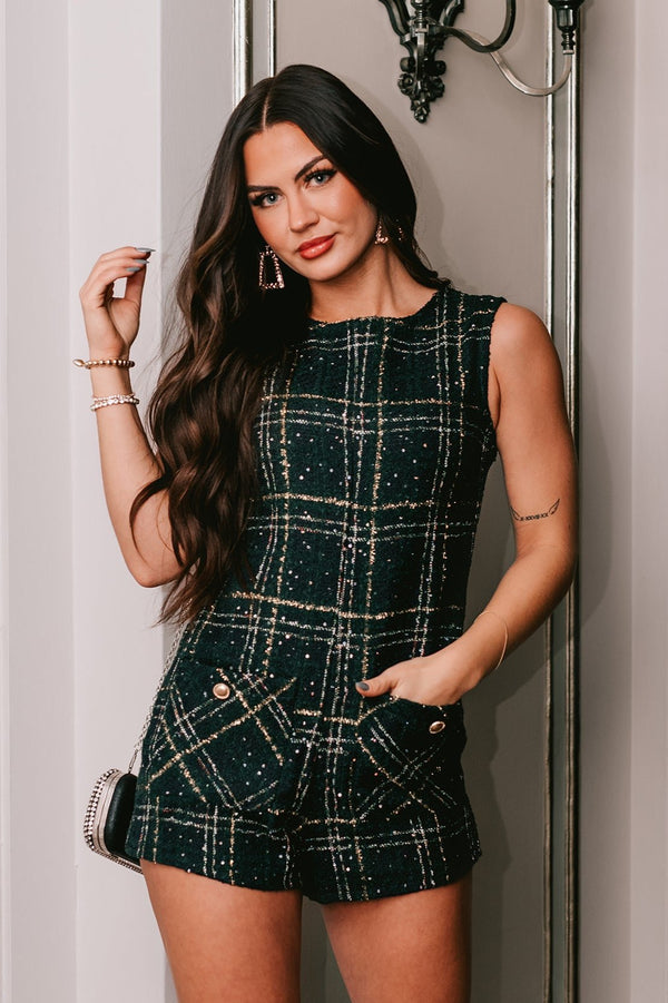 Getting To Know Me Tweed Romper (Green/Navy) - NanaMacs