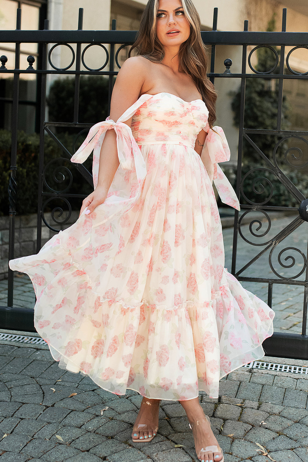 Precious Memories Tie-Strap Floral Midi Dress (Cream/Pink) - NanaMacs
