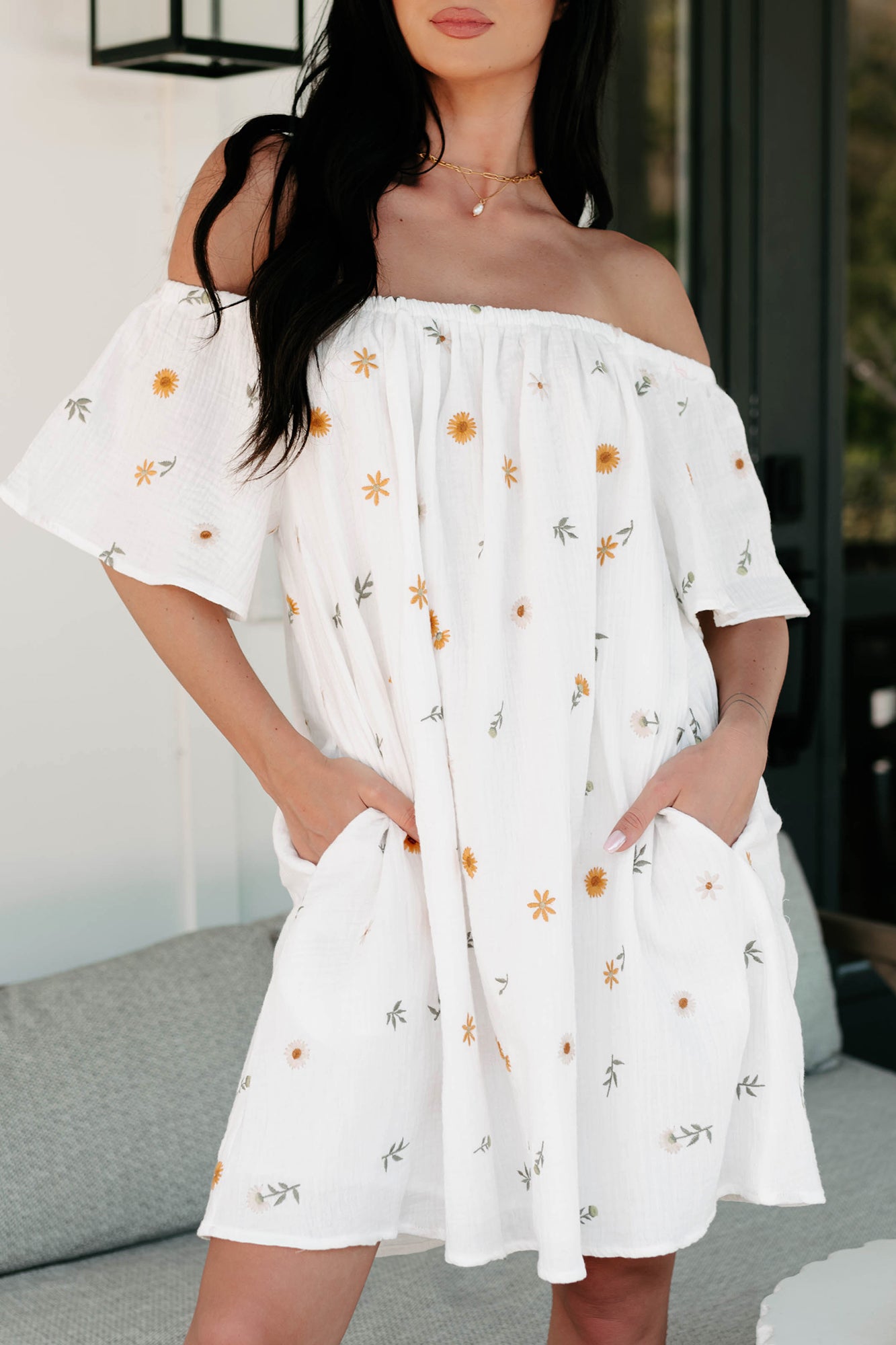 Picturesque Scene Off The Shoulder Floral Mini Dress (Off White) - NanaMacs