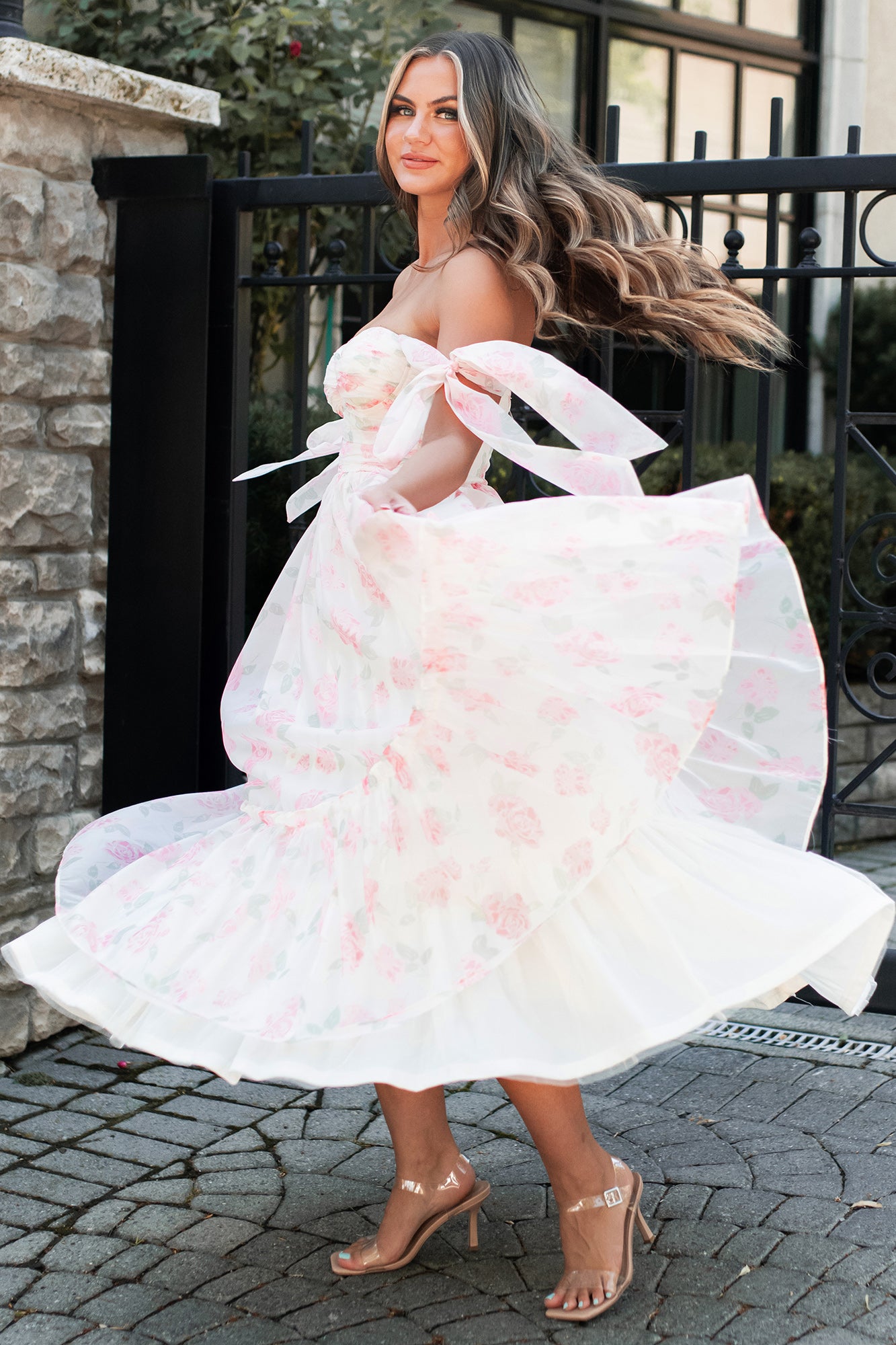 Precious Memories Tie-Strap Floral Midi Dress (Cream/Pink) - NanaMacs