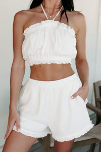 Forget Reality Ruffled Halter Crop Top (White) - NanaMacs