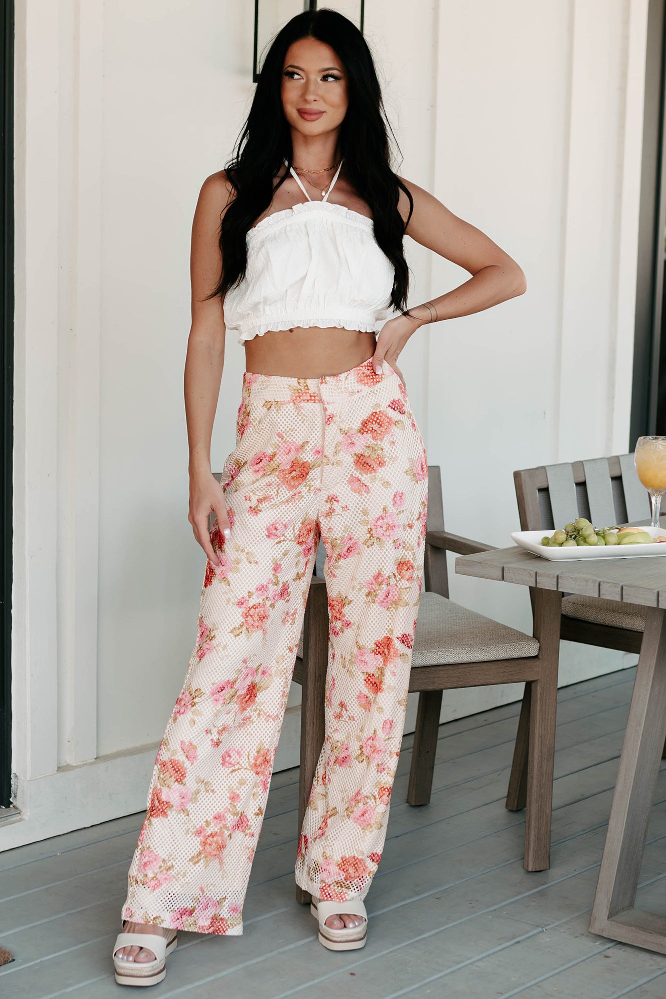 The Tropical Type Floral Printed Fishnet Pants (Multi) - NanaMacs