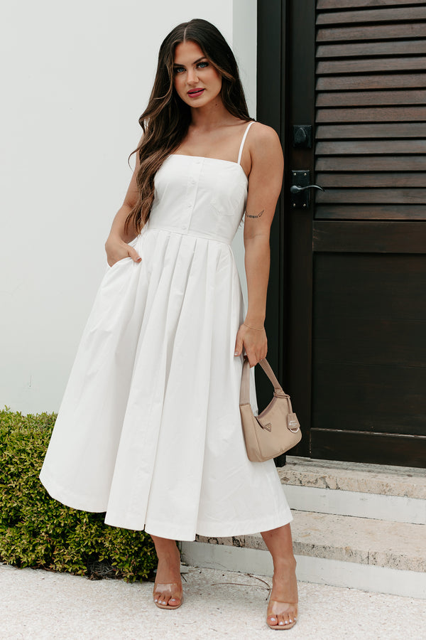 Clean Aesthetic Pleated Button Detail Midi Dress (White) - NanaMacs