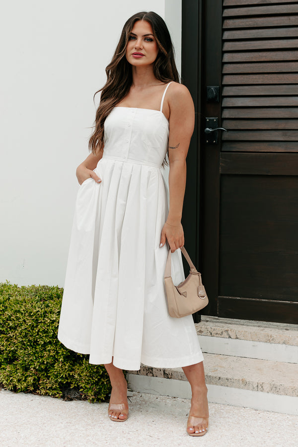 Clean Aesthetic Pleated Button Detail Midi Dress (White) - NanaMacs