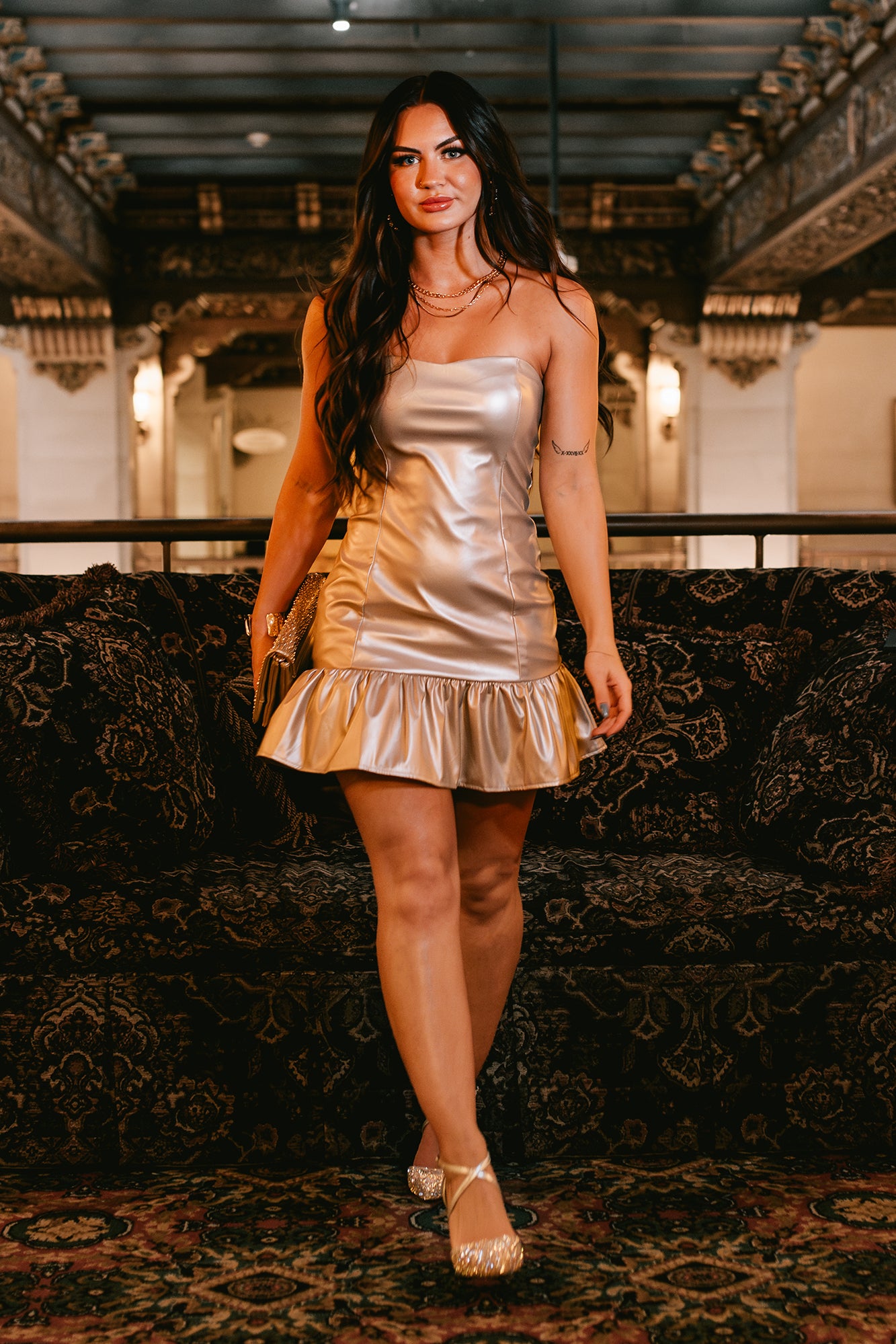Women's My Shining Moment Strapless Ruffled Faux Leather Dress in Champagne Gold - Size M Women's My Shining Moment Strapless Ruffled Faux Leather Dress in Champagne Gold - Size M