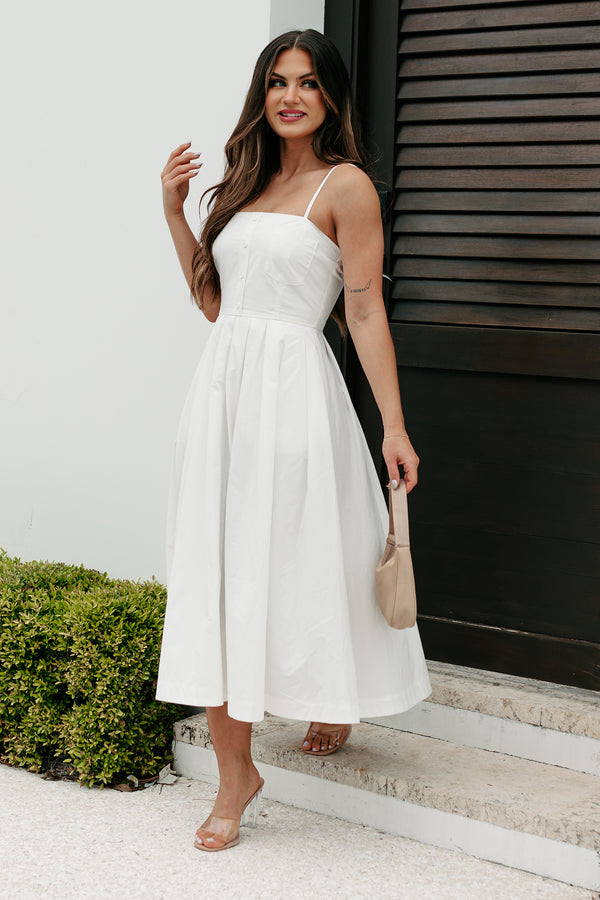 Clean Aesthetic Pleated Button Detail Midi Dress (White) - NanaMacs