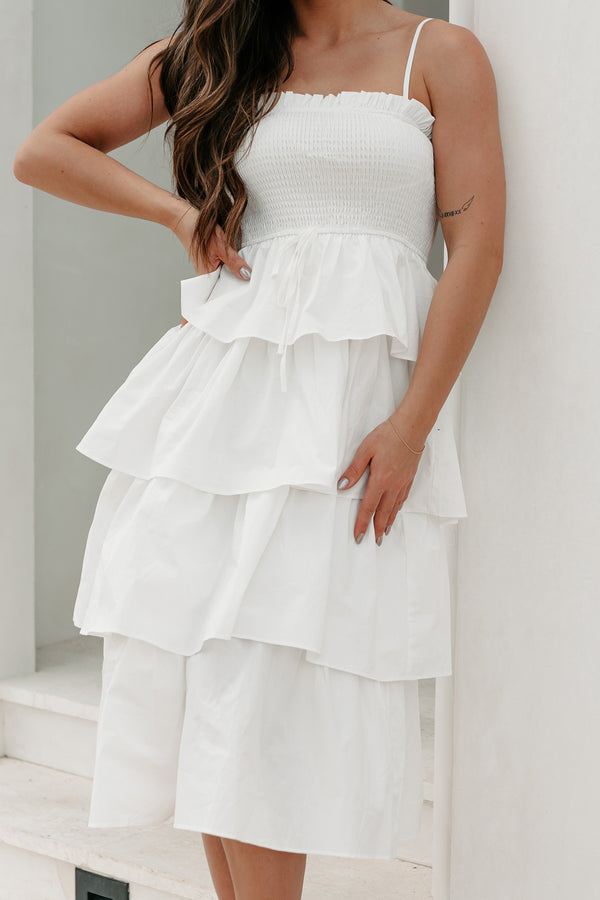 My Unique Perspective Tiered Ruffle Midi Dress (White) - NanaMacs