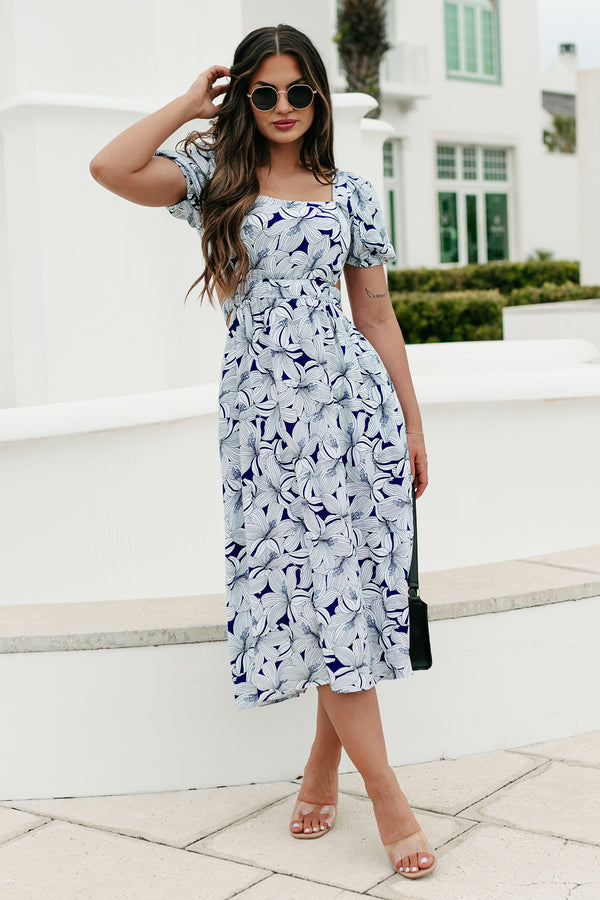 Hamptons Hideout Floral Midi Dress (Navy) - NanaMacs