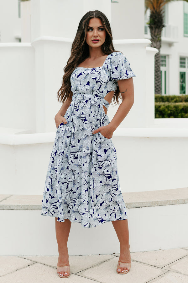 Hamptons Hideout Floral Midi Dress (Navy) - NanaMacs