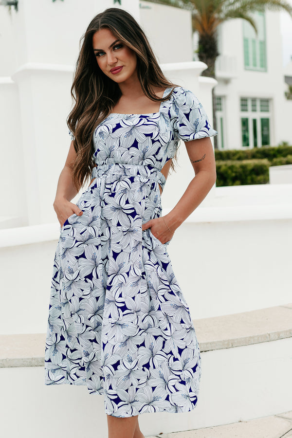 Hamptons Hideout Floral Midi Dress (Navy) - NanaMacs