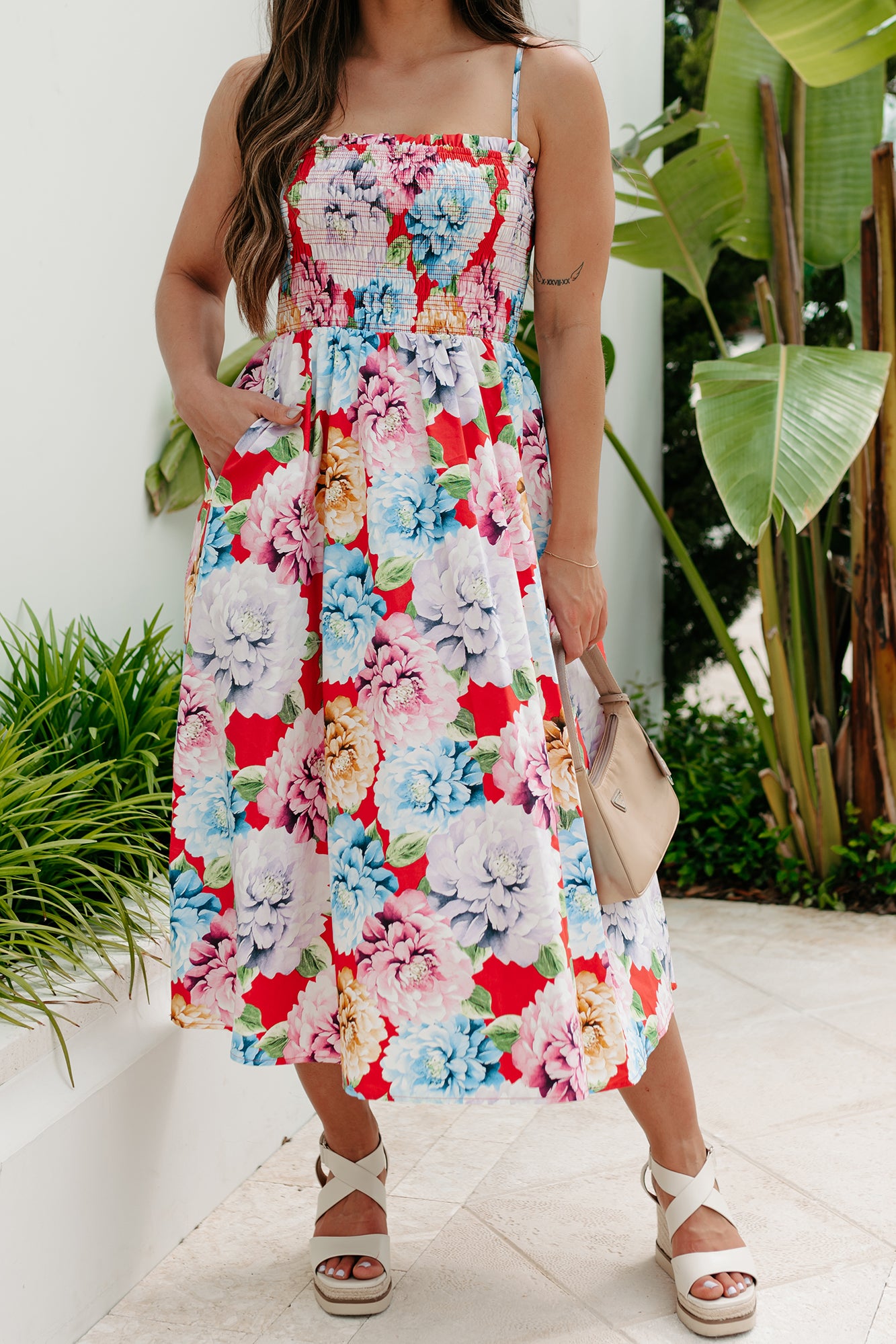 Colorful On The Coast Smocked Floral Midi Dress (Orange Multi