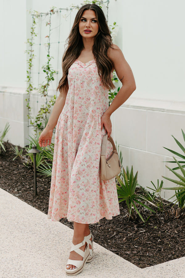 Phenomenal Fashion Drop Waist Floral Midi Dress (Apricot) - NanaMacs