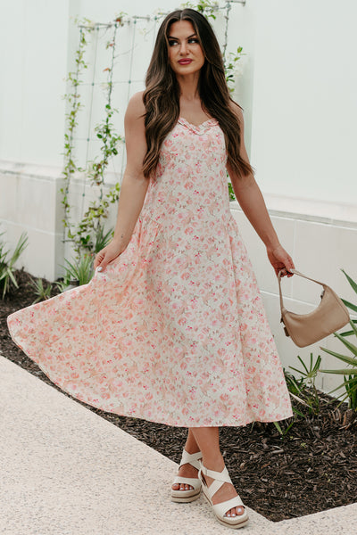 Phenomenal Fashion Drop Waist Floral Midi Dress (Apricot) - NanaMacs