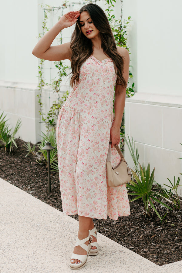 Phenomenal Fashion Drop Waist Floral Midi Dress (Apricot) - NanaMacs