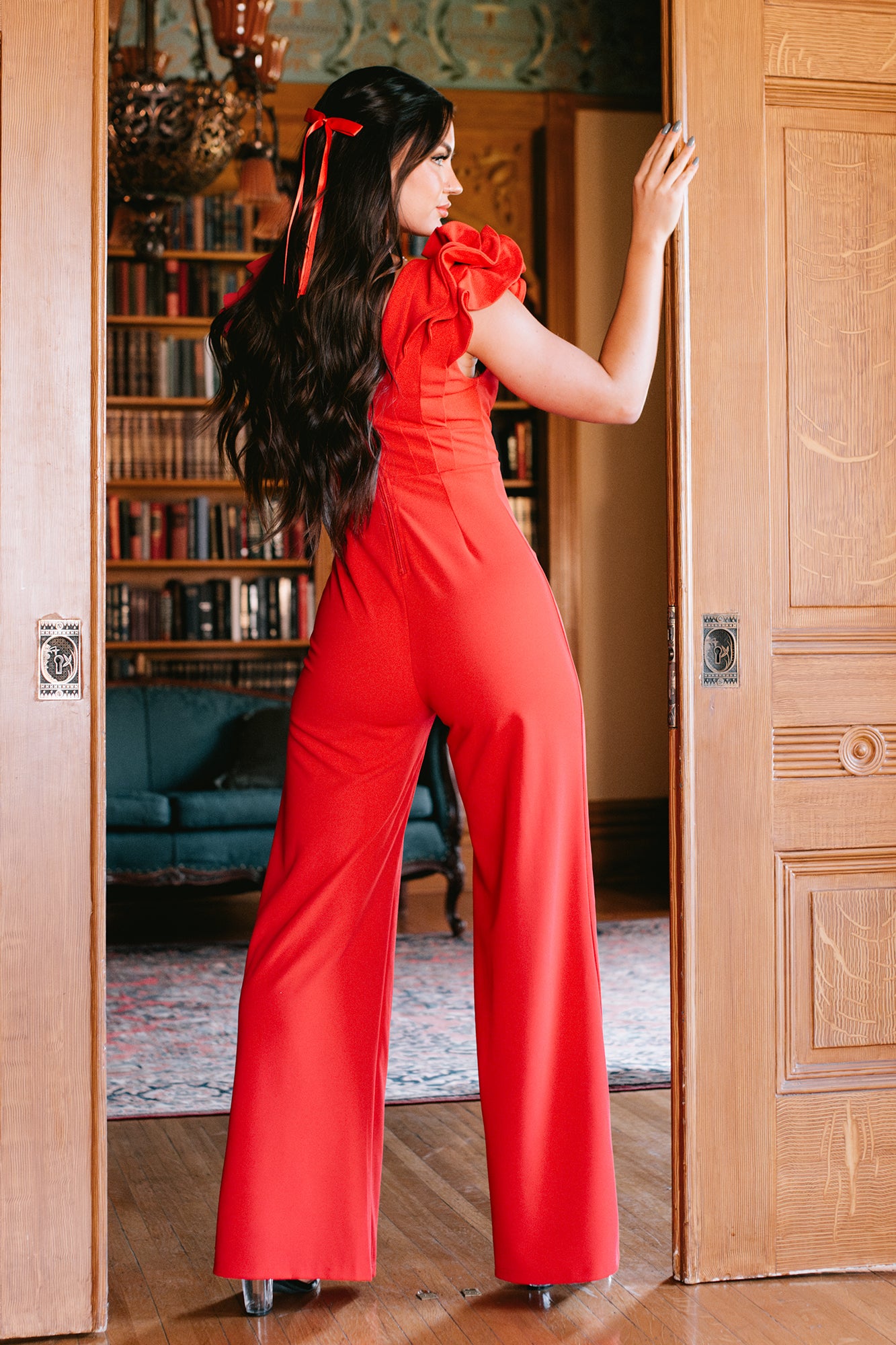 Forgetting My Troubles Ruffle Sleeve Jumpsuit (Red) - NanaMacs