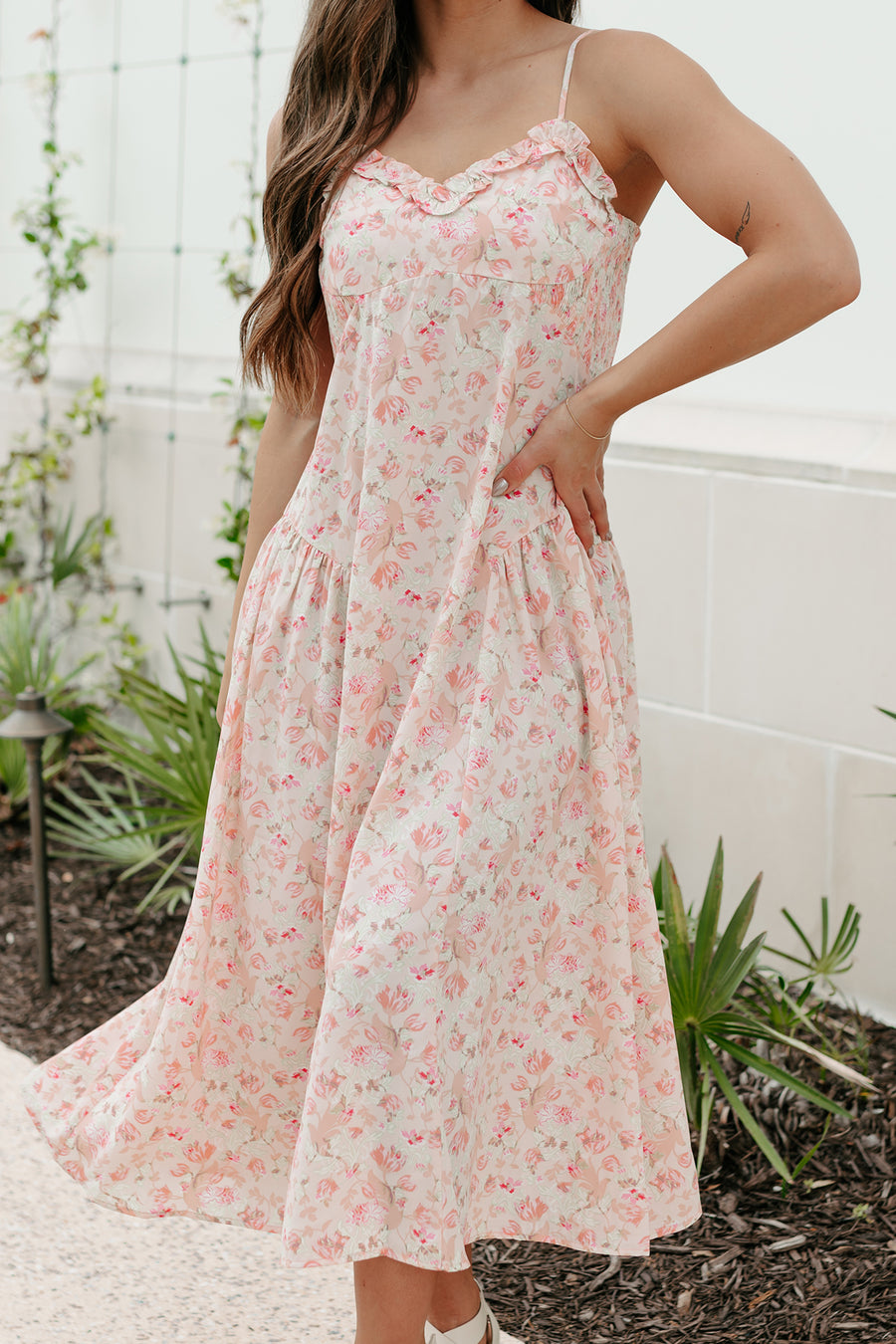 Phenomenal Fashion Drop Waist Floral Midi Dress (Apricot)