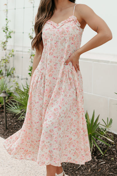 Phenomenal Fashion Drop Waist Floral Midi Dress (Apricot) - NanaMacs