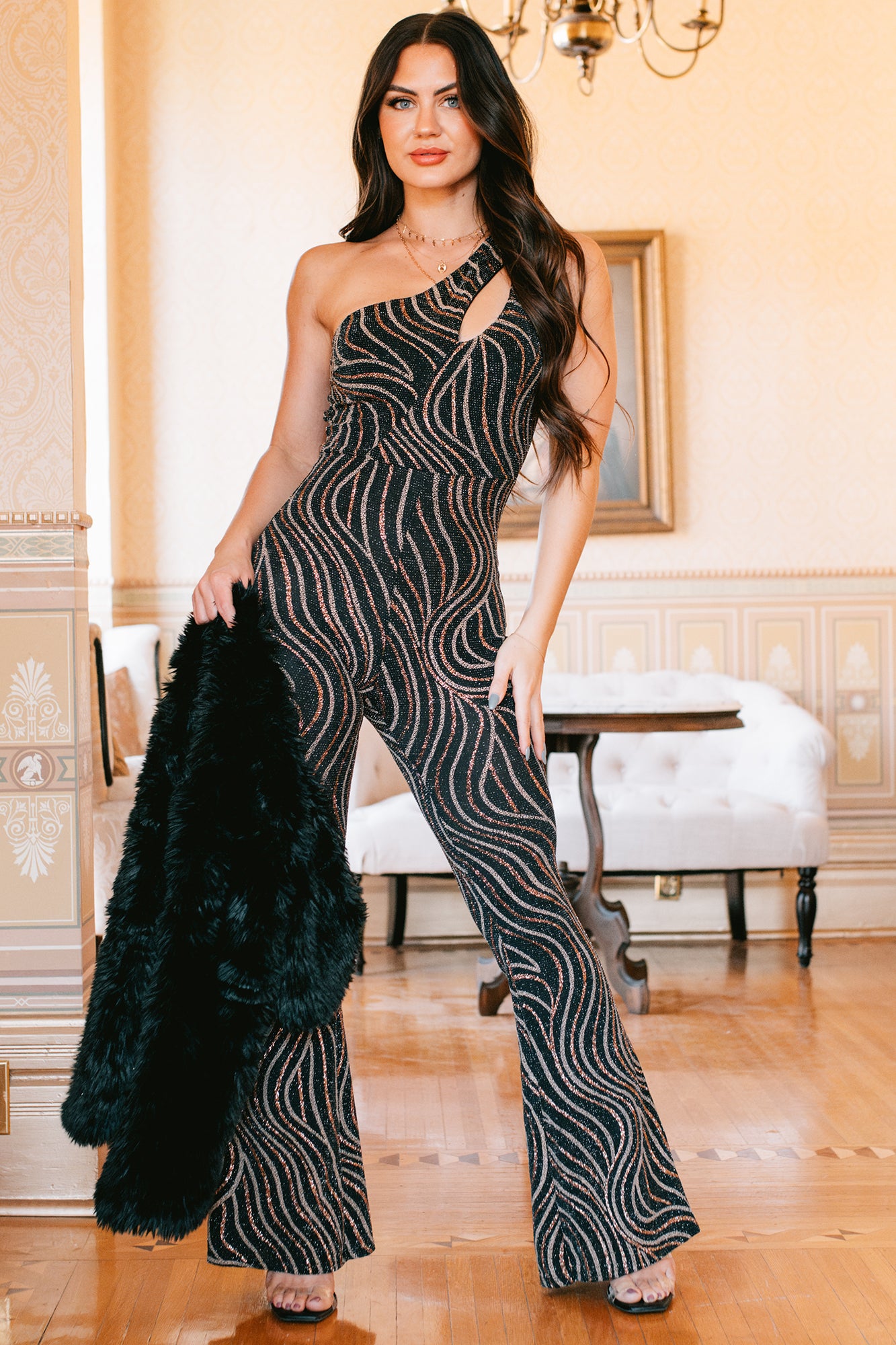 Queen Of Compliments Metallic Glitter Jumpsuit (Black/Gold) · NanaMacs