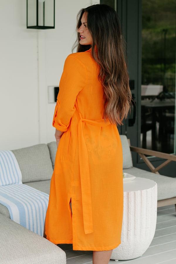 Live Colorfully Tie-Waist Linen Trench Coat (Orange) - NanaMacs