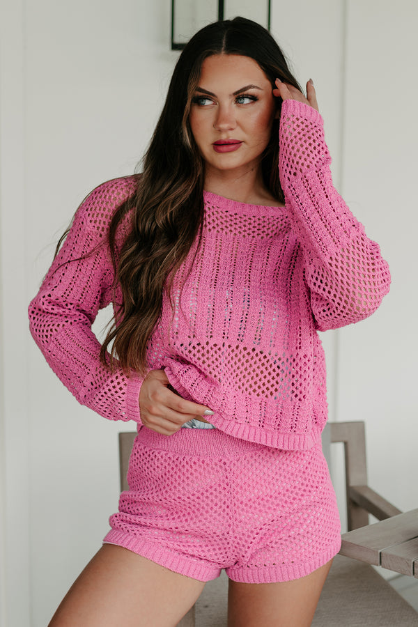 Feel The Breeze Crochet Knit Two-Piece Set (Pink) - NanaMacs