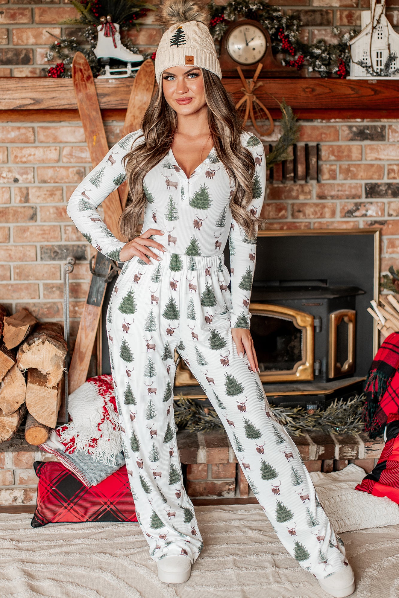 Sugar Plum Dreams 3-Piece Ribbed Bodysuit Lounge Set (Tree Print) - NanaMacs