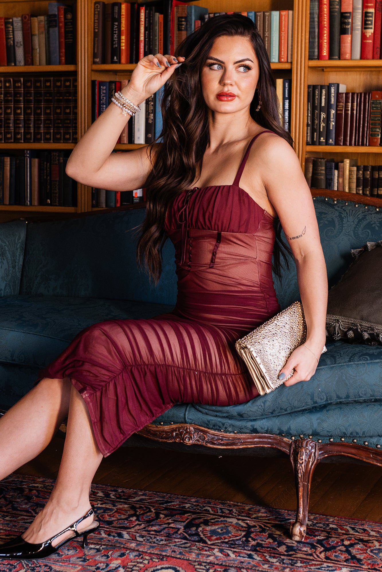 Women's Woman of Mystery Ruched Mesh Midi Dress in Maroon - Size M Women's Woman of Mystery Ruched Mesh Midi Dress in Maroon - Size M