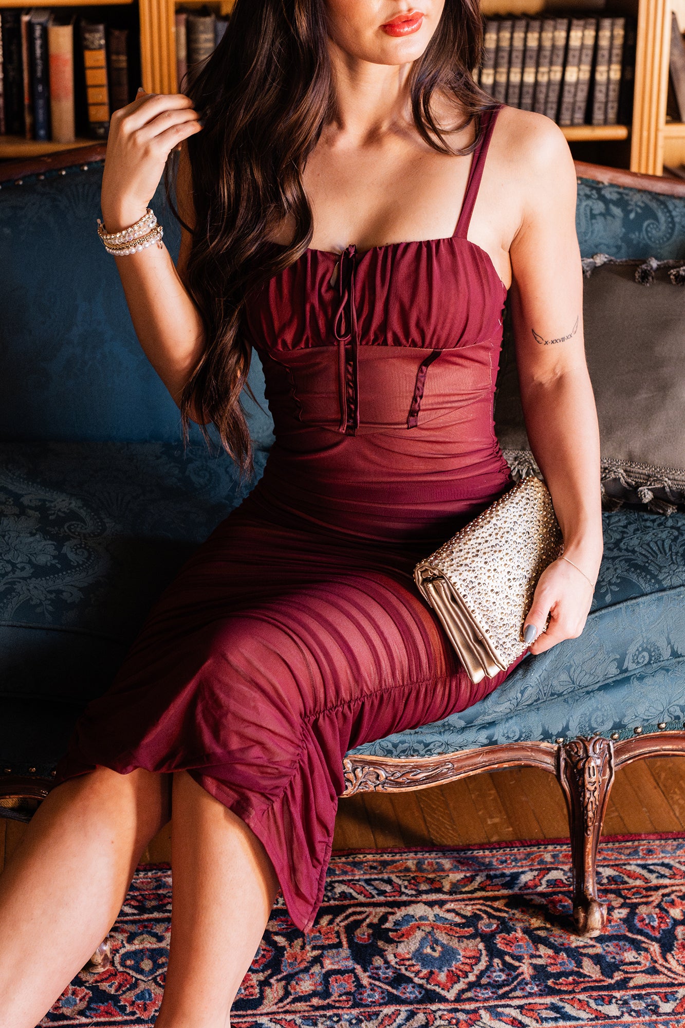 Women's Woman of Mystery Ruched Mesh Midi Dress in Maroon - Size M Women's Woman of Mystery Ruched Mesh Midi Dress in Maroon - Size M