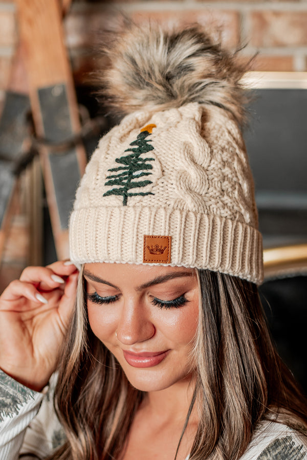 Pining For Christmas Knit Pom Beanie (Beige Tree) - NanaMacs