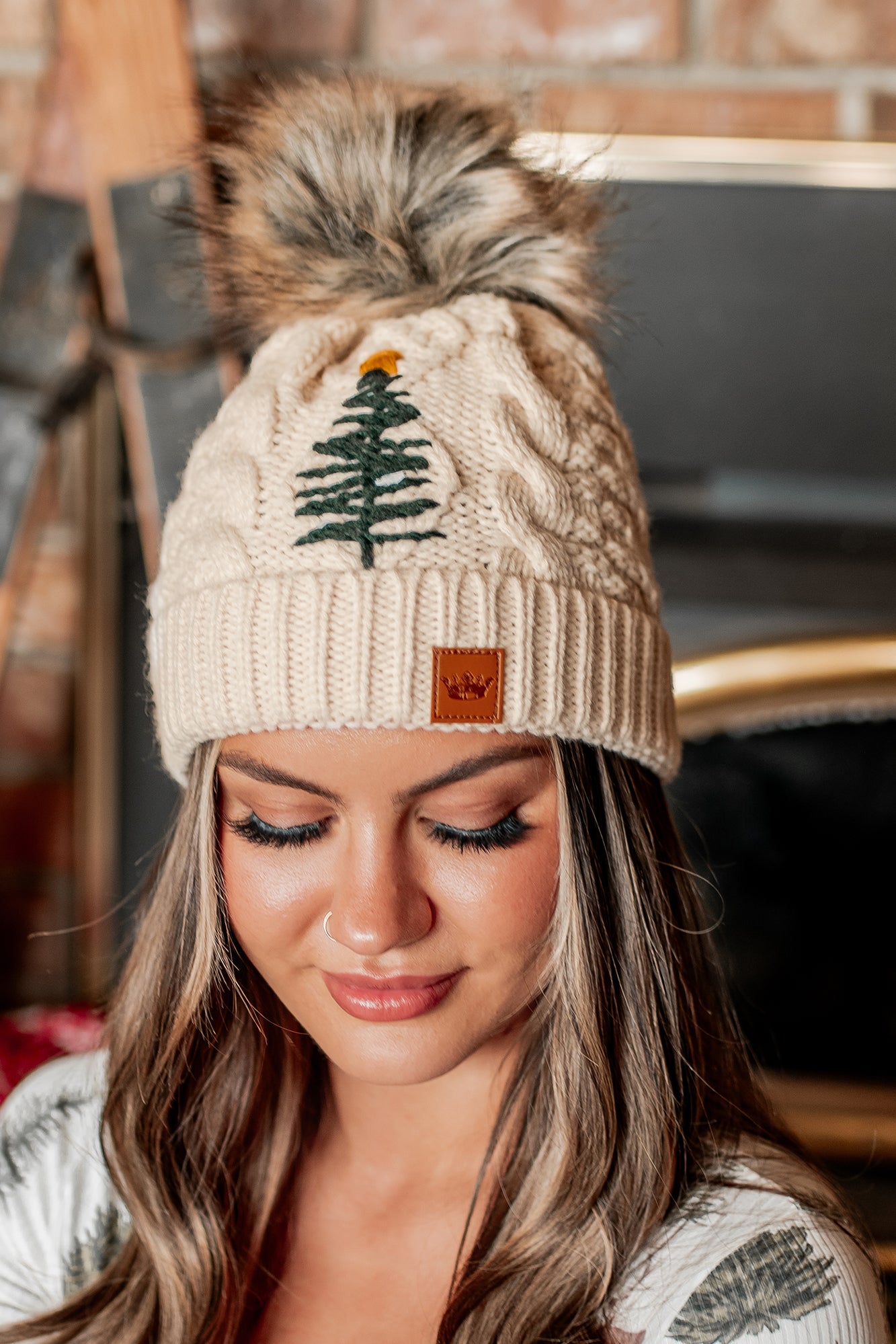 Pining For Christmas Knit Pom Beanie (Beige Tree) · NanaMacs