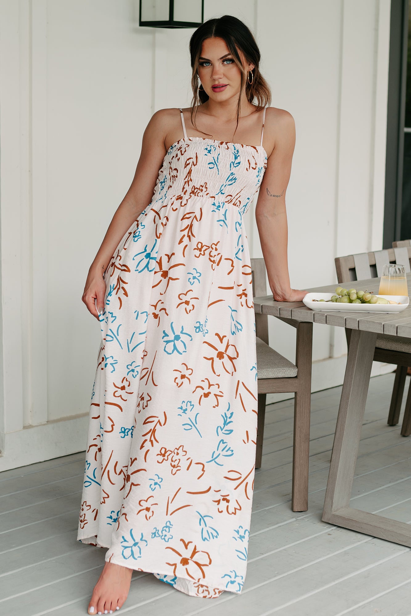 Women's Floral Appreciation Smocked Floral Maxi Dress in Teal/Pink Combo Women's Floral Appreciation Smocked Floral Maxi Dress in Teal/Pink Combo