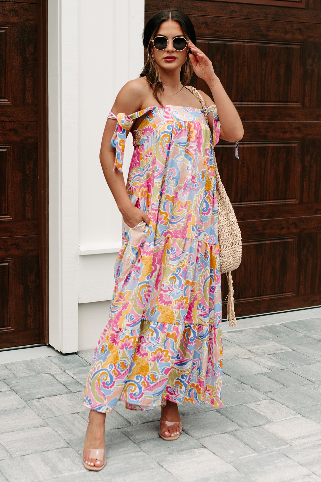 paisley maxi dress Sandswept Natural/Brown / L The flowing silhouette carries through the length of the dress Women's Brunch In Bali Tie-Shoulder