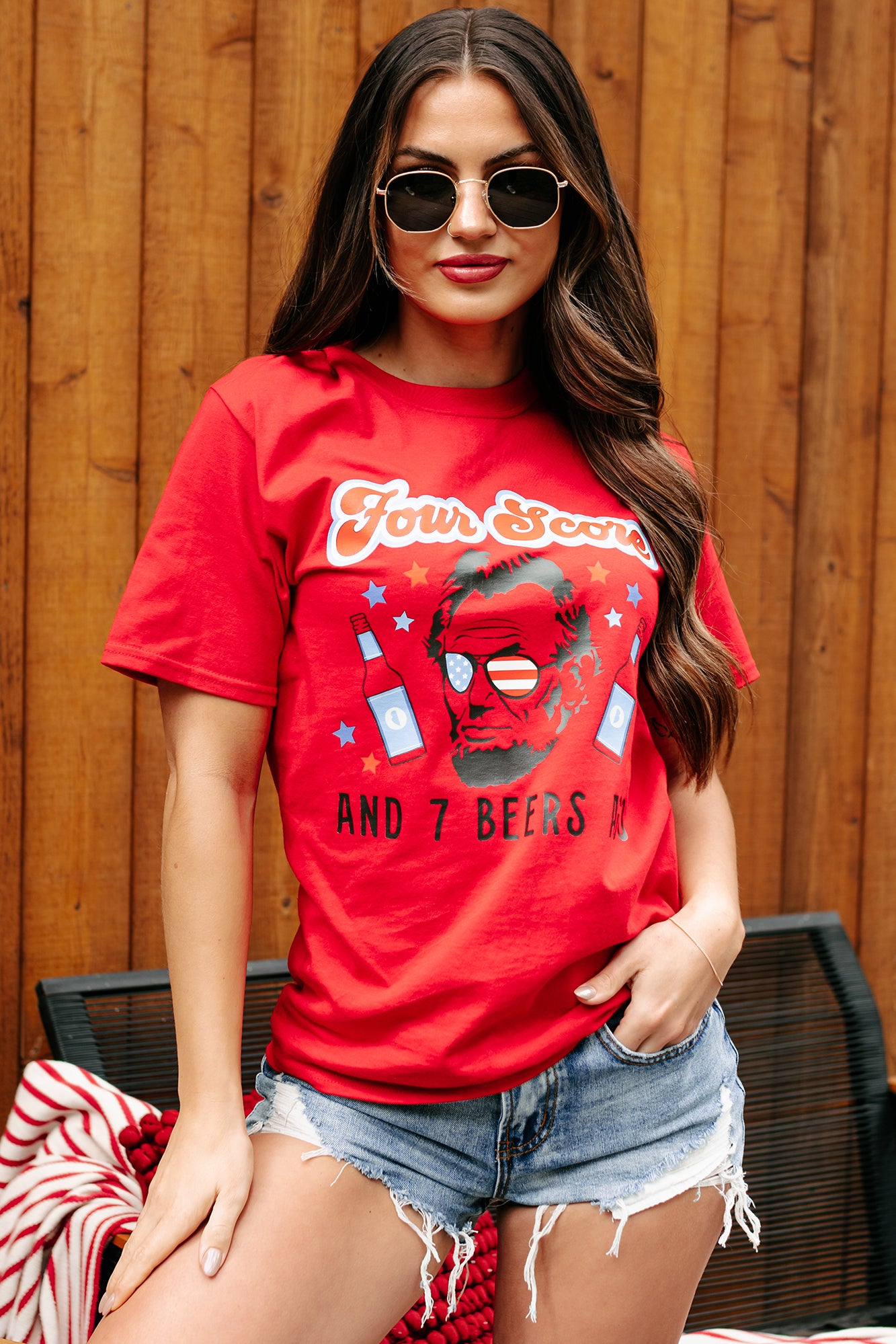 "Four Score And 7 Beers Ago" Graphic T-Shirt (Red) - Print On Demand - NanaMacs