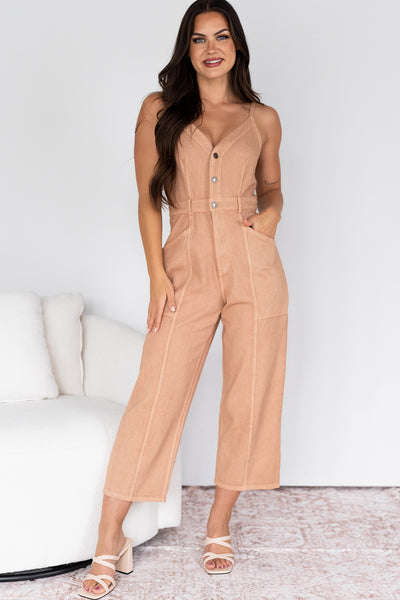 Memories In Focus Button Front Denim Jumpsuit (Terracotta) - NanaMacs