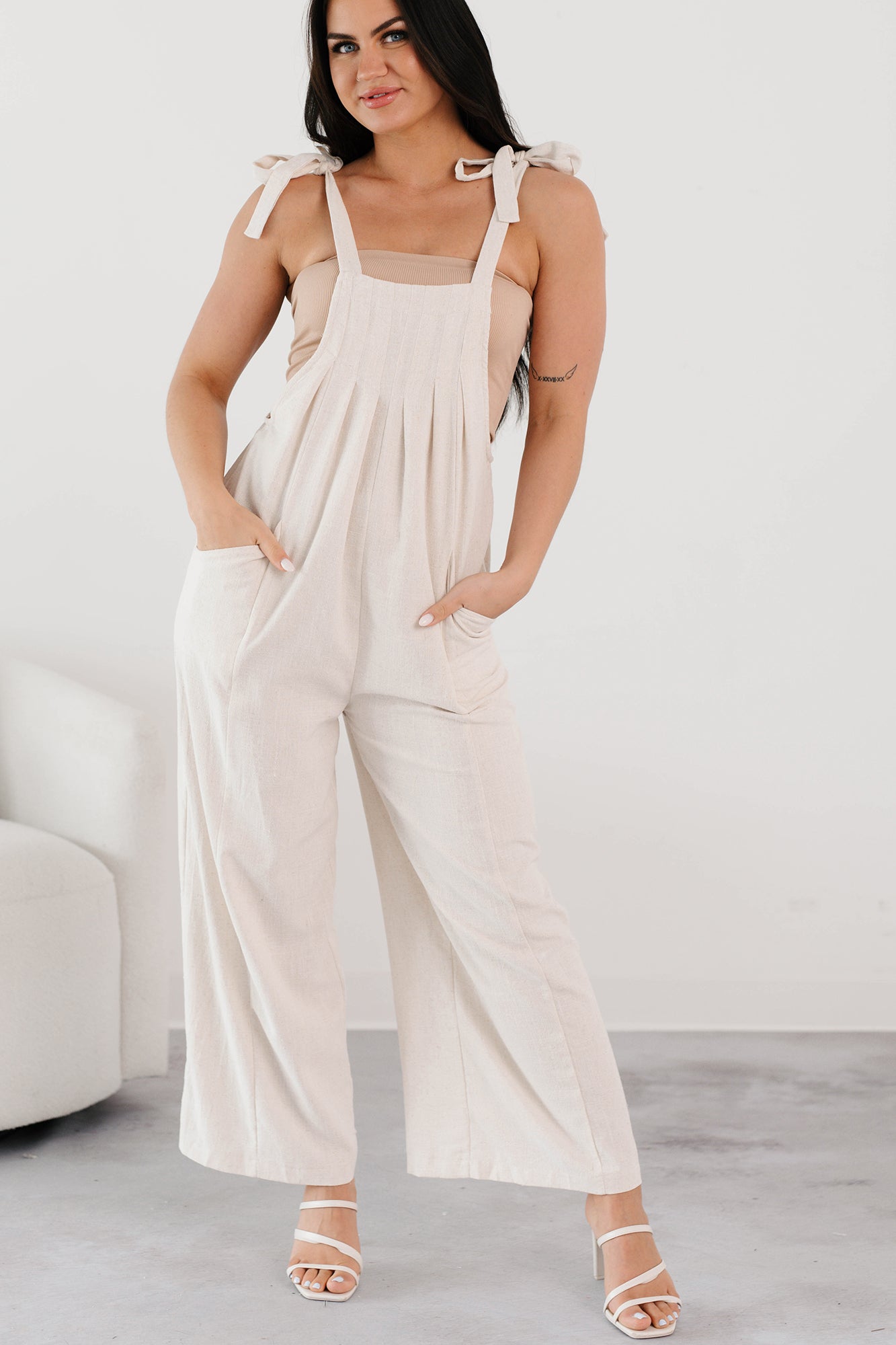 Alone At Last Tie Strap Linen Jumpsuit (Oatmeal) · NanaMacs
