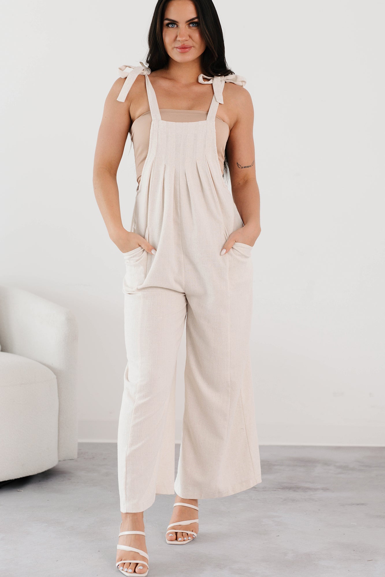 Alone At Last Tie Strap Linen Jumpsuit (Oatmeal) · NanaMacs