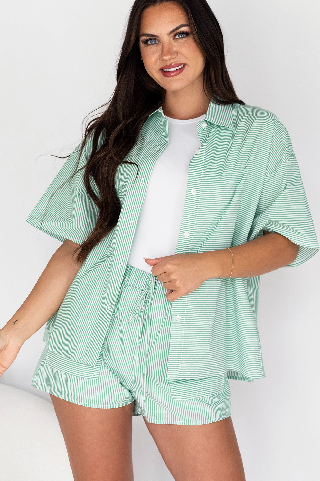 Sigrid Oversized Short Sleeve Button-Down (Green/White Stripe) - NanaMacs