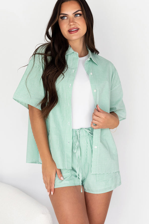 Sigrid Oversized Short Sleeve Button-Down (Green/White Stripe) - NanaMacs