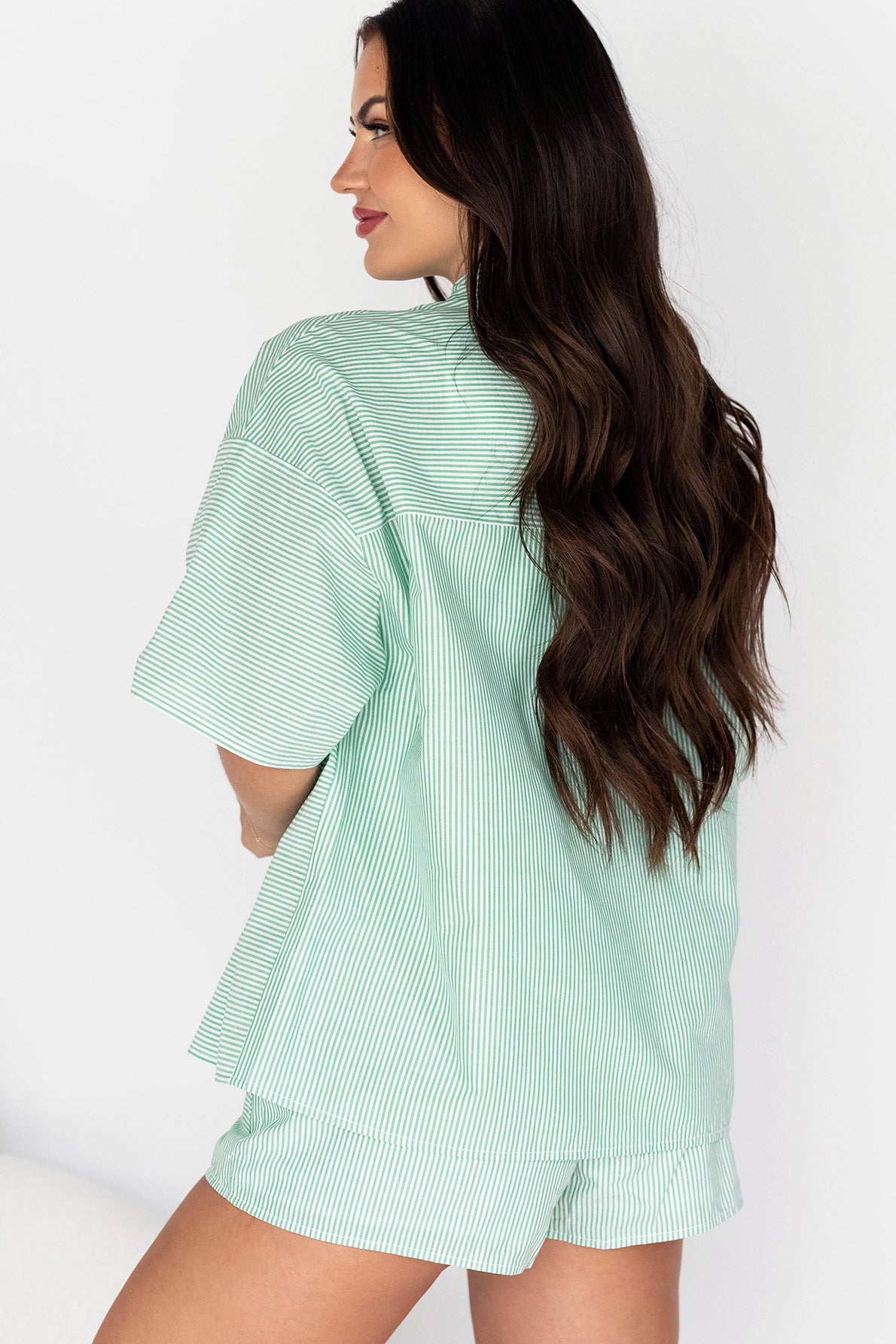 Sigrid Oversized Short Sleeve Button-Down (Green/White Stripe) - NanaMacs