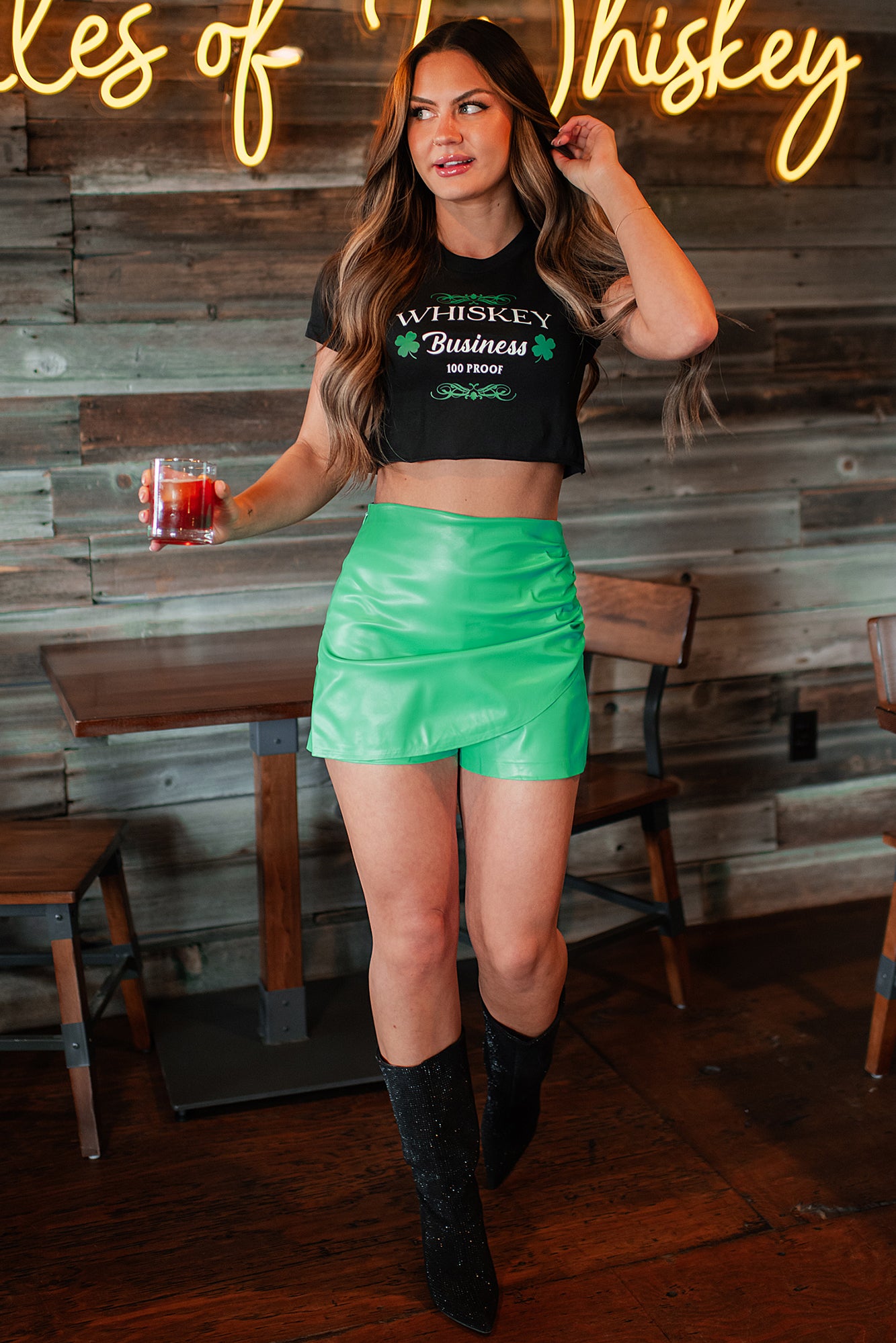 Consistently Confident Faux Leather Skort (Green) - NanaMacs